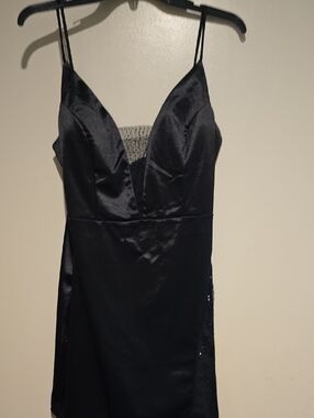 Black Satin Slip Dress with Sheer Inset